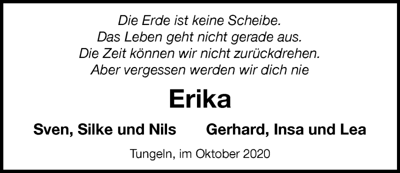 Traueranzeige für Erika Haan vom 05.10.2020 aus Nordwest-Zeitung