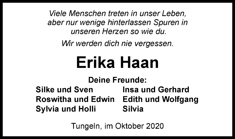  Traueranzeige für Erika Haan vom 05.10.2020 aus Nordwest-Zeitung