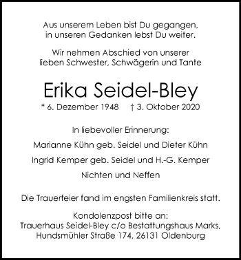 Traueranzeige von Erika Seidel-Bley von Nordwest-Zeitung