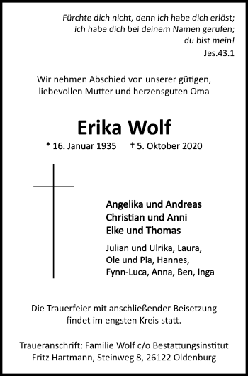 Traueranzeige von Erika Wolf von Nordwest-Zeitung