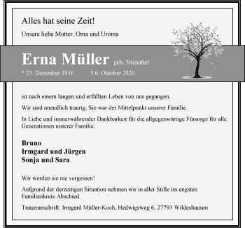 Traueranzeige von Erna Müller von Nordwest-Zeitung