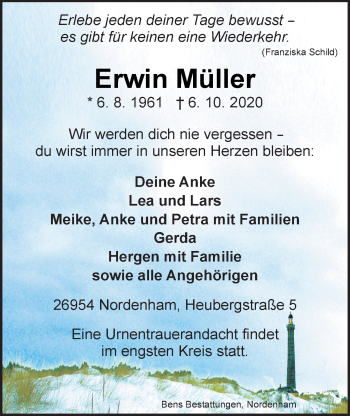 Traueranzeige von Erwin Müller von Nordwest-Zeitung