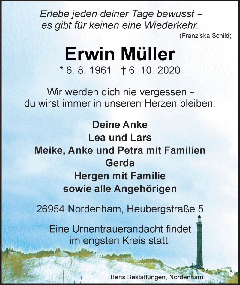  Traueranzeige für Erwin Müller vom 09.10.2020 aus Nordwest-Zeitung