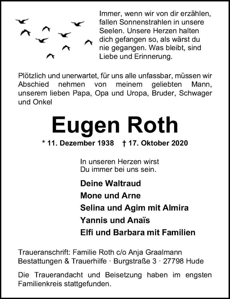  Traueranzeige für Eugen Roth vom 30.10.2020 aus Nordwest-Zeitung