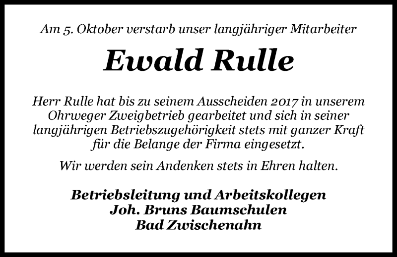  Traueranzeige für Ewald Rulle vom 17.10.2020 aus Nordwest-Zeitung