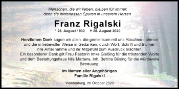 Traueranzeige von Franz Rigalski von Nordwest-Zeitung