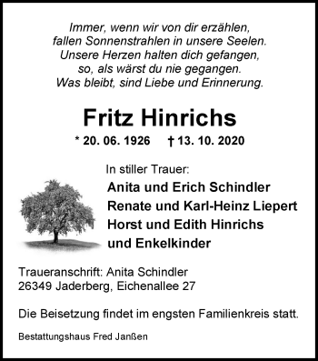 Traueranzeige von Fritz Hinrichs von Nordwest-Zeitung