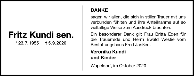  Traueranzeige für Fritz Kundi vom 17.10.2020 aus Nordwest-Zeitung