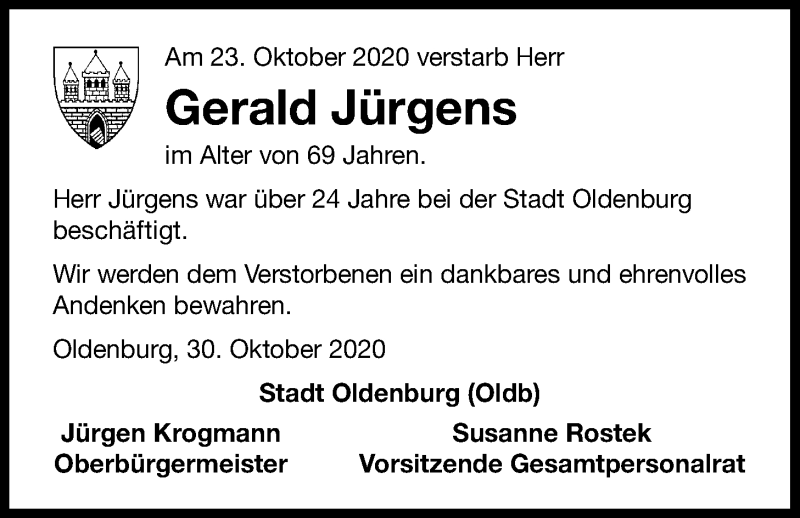  Traueranzeige für Gerald Jürgens vom 30.10.2020 aus Nordwest-Zeitung