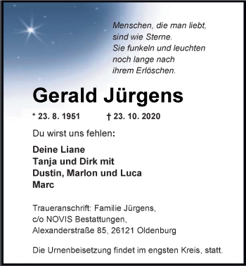 Traueranzeige von Gerald Jürgens von Nordwest-Zeitung