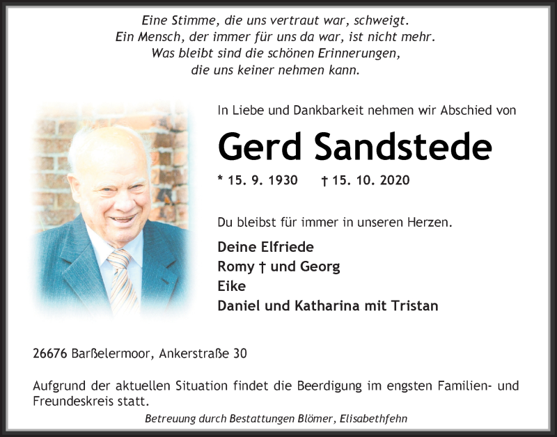  Traueranzeige für Gerd Sandstede vom 19.10.2020 aus Nordwest-Zeitung