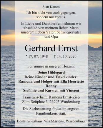 Traueranzeige von Gerhard Ernst von Nordwest-Zeitung