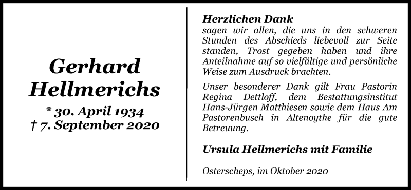  Traueranzeige für Gerhard Hellmerichs vom 17.10.2020 aus Nordwest-Zeitung