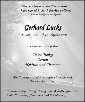 Traueranzeige von Gerhard Lucks von Nordwest-Zeitung