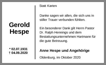 Traueranzeige von Gerold Hespe von Nordwest-Zeitung