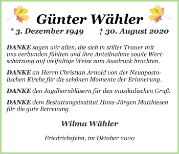 Traueranzeige von Günter Wähler von Nordwest-Zeitung