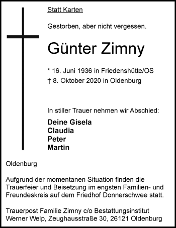 Traueranzeige von Günter Zimny von Nordwest-Zeitung