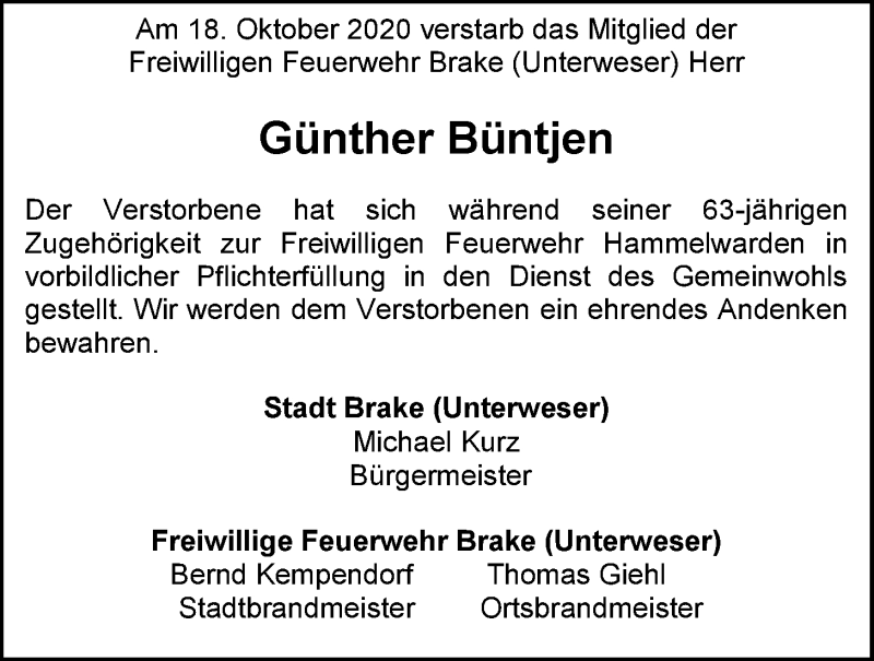  Traueranzeige für Günther Büntjen vom 21.10.2020 aus Nordwest-Zeitung