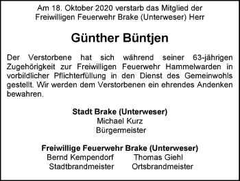 Traueranzeige von Günther Büntjen von Nordwest-Zeitung