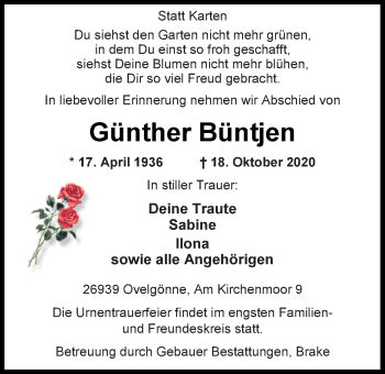 Traueranzeige von Günther Büntjen von Nordwest-Zeitung