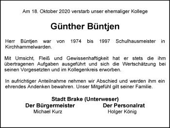 Traueranzeige von Günther Büntjen von Nordwest-Zeitung