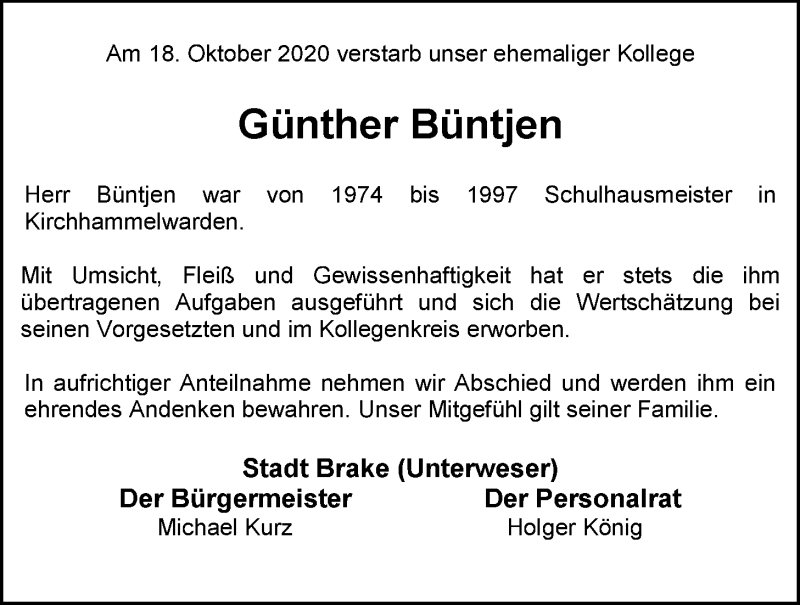  Traueranzeige für Günther Büntjen vom 21.10.2020 aus Nordwest-Zeitung