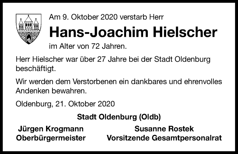  Traueranzeige für Hans-Joachim Hielscher vom 21.10.2020 aus Nordwest-Zeitung