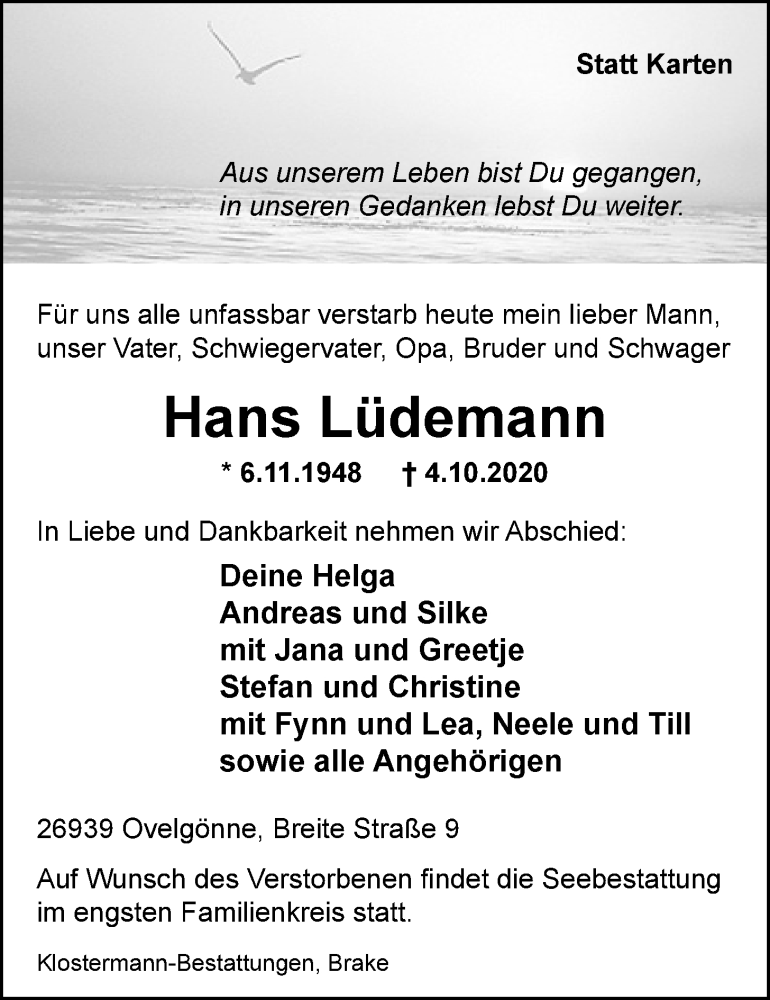  Traueranzeige für Hans Lüdemann vom 07.10.2020 aus Nordwest-Zeitung