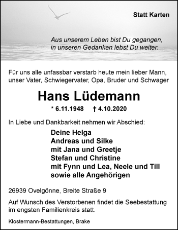 Traueranzeige von Hans Lüdemann von Nordwest-Zeitung