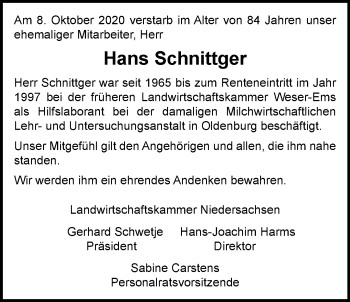Traueranzeige von Hans Schnittger von Nordwest-Zeitung