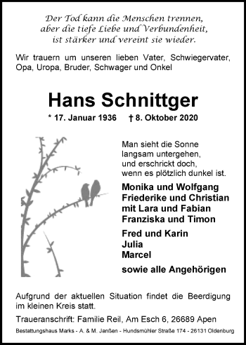 Traueranzeige von Hans Schnittger von Nordwest-Zeitung