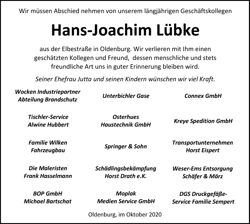  Traueranzeige für Hans Joachim Lübke vom 17.10.2020 aus Nordwest-Zeitung