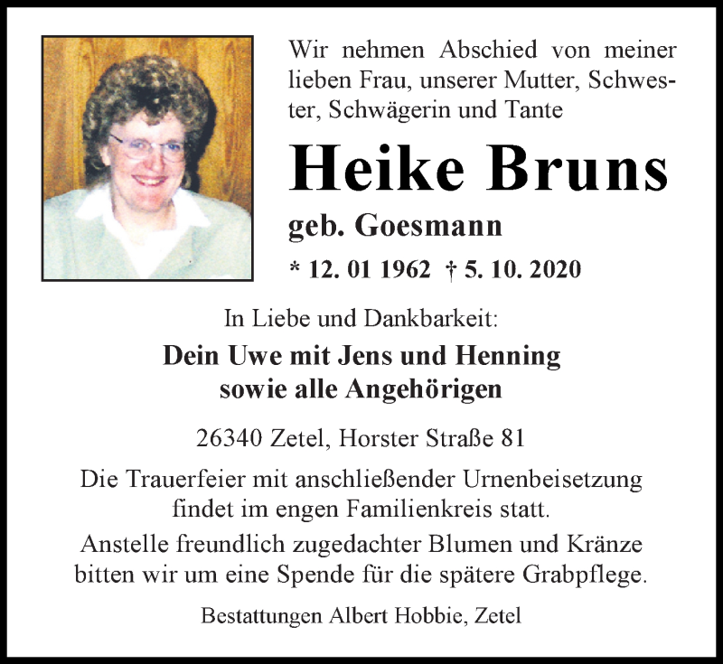 Traueranzeigen von Heike Bruns | nordwest-trauer.de
