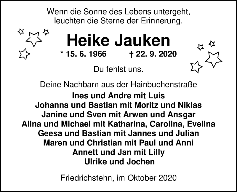  Traueranzeige für Heike Jauken vom 10.10.2020 aus Nordwest-Zeitung