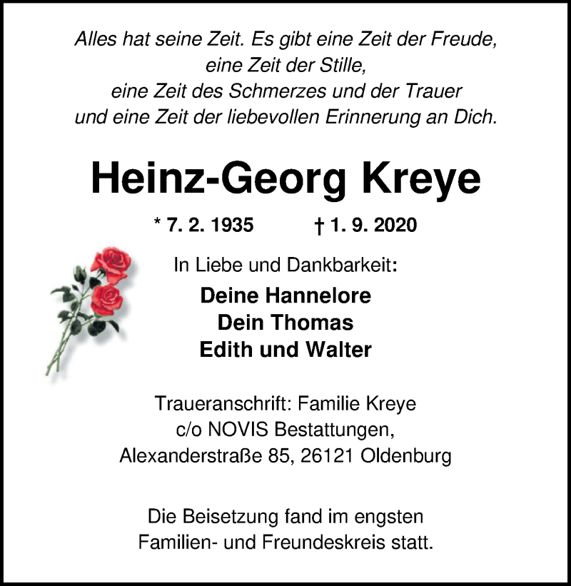  Traueranzeige für Heinz-Georg Kreye vom 02.10.2020 aus Nordwest-Zeitung