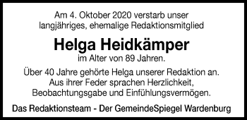 Traueranzeige von Helga Heidkämper von Nordwest-Zeitung