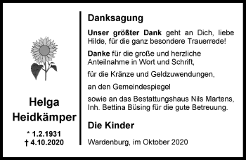 Traueranzeige von Helga Heidkämper von Nordwest-Zeitung