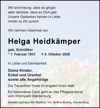 Traueranzeige von Helga Heidkämper von Nordwest-Zeitung