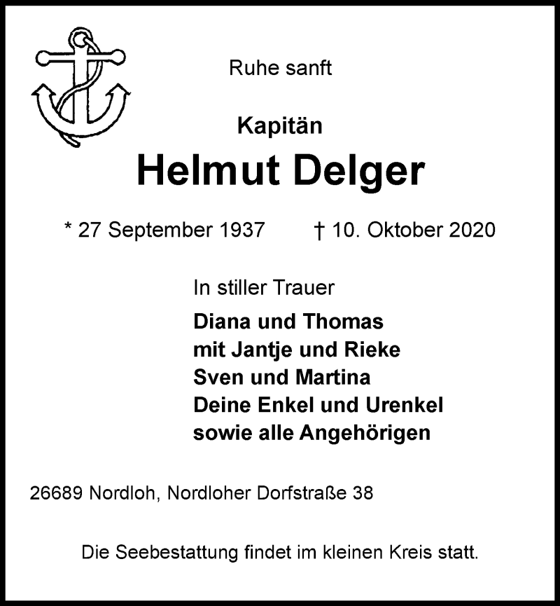  Traueranzeige für Helmut Delger vom 13.10.2020 aus Nordwest-Zeitung