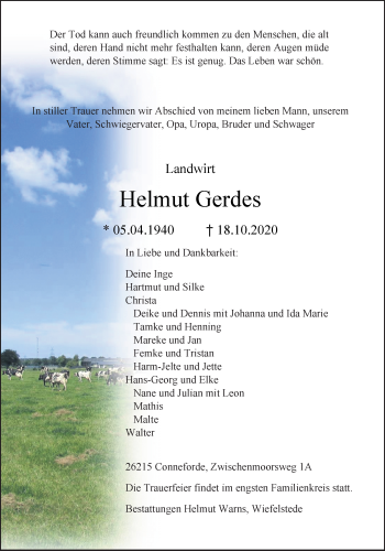 Traueranzeige von Helmut Gerdes von Nordwest-Zeitung