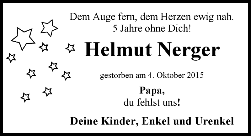  Traueranzeige für Helmut Nerger vom 05.10.2020 aus Nordwest-Zeitung