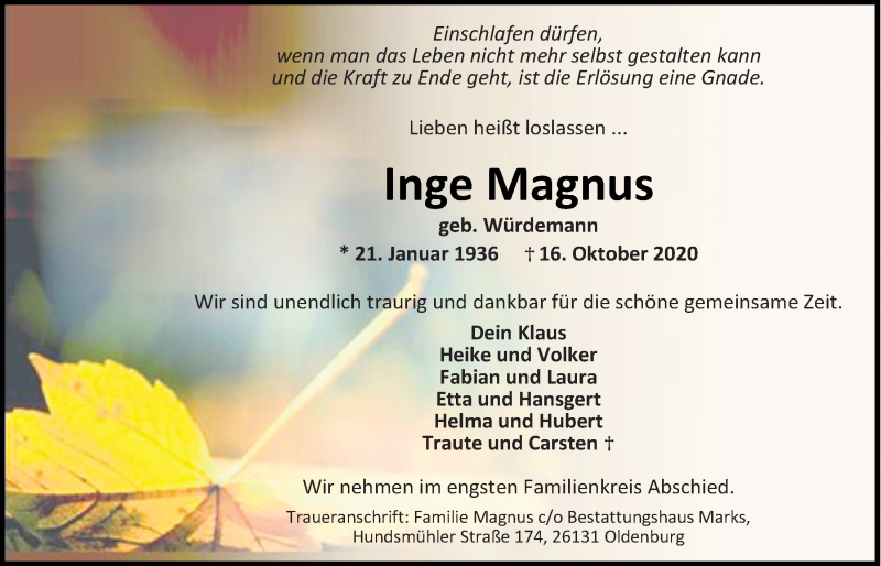  Traueranzeige für Inge Magnus vom 23.10.2020 aus Nordwest-Zeitung