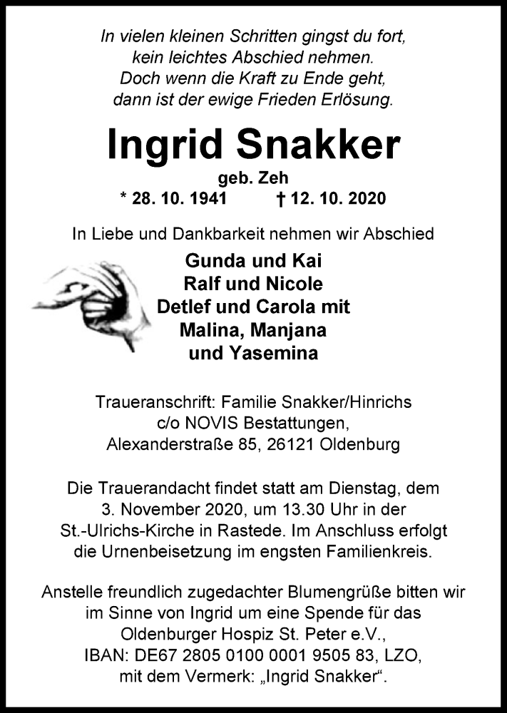  Traueranzeige für Ingrid Snakker vom 24.10.2020 aus Nordwest-Zeitung