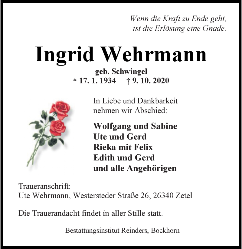  Traueranzeige für Ingrid Wehrmann vom 17.10.2020 aus Nordwest-Zeitung