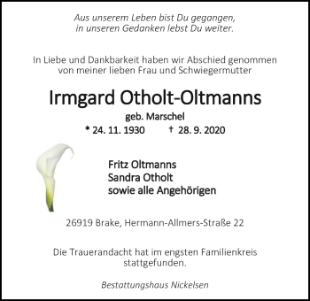 Traueranzeige von Irmgard Otholt-Oltmanns von Nordwest-Zeitung