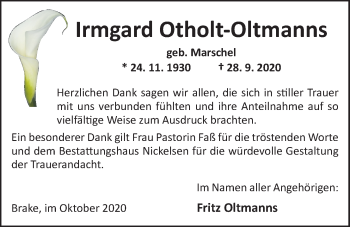 Traueranzeige von Irmgard Otholt-Oltmanns von Nordwest-Zeitung
