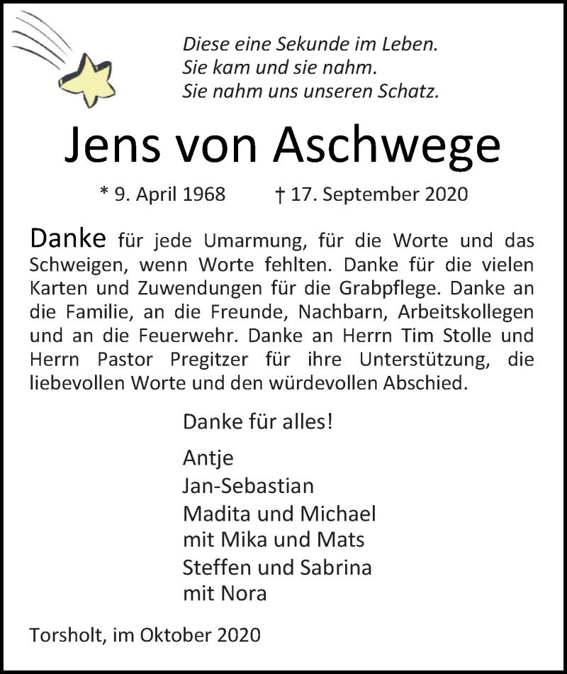  Traueranzeige für Jens von Aschwege vom 23.10.2020 aus Nordwest-Zeitung