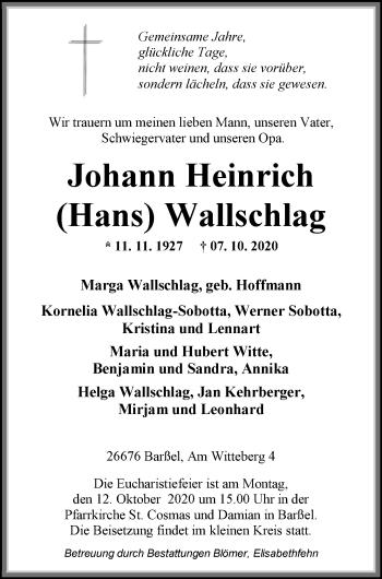 Traueranzeige von Johann Heinrich Wallschlag von Nordwest-Zeitung