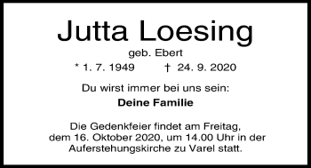 Traueranzeige von Jutta Loesing von Nordwest-Zeitung