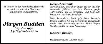 Traueranzeige von Jürgen Budden von Nordwest-Zeitung